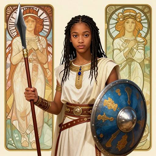 Digital artwork of a young Black woman in ancient Greek armor, holding spear and shield, flanked by two stained glass figures.