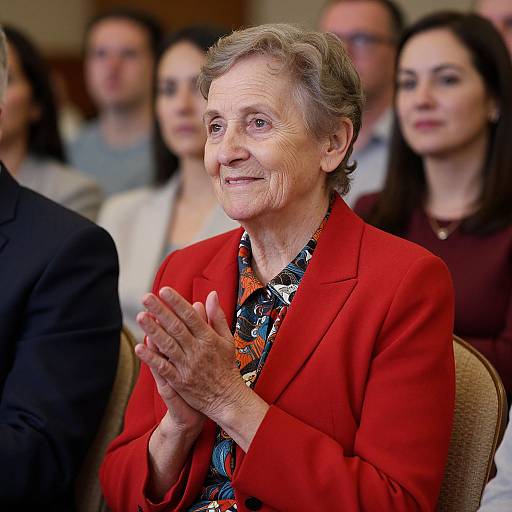 Photograph of an elderly woman with short grey hair, wearing a red blazer and patterned blouse, clapping with hands together, smiling, seated