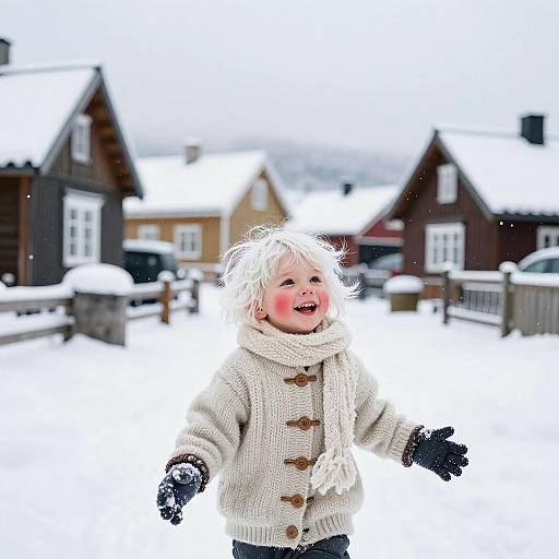 Nordic Child Playing in Snowy Village