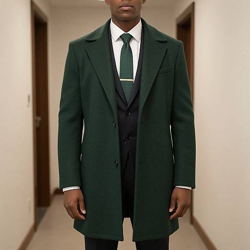 Photograph of a Black man in a dark green overcoat, white shirt, and black tie standing in a white, narrow hallway.