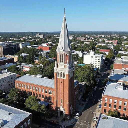 Aerial photograph of a tall, red-brick church with a white steeple, surrounded by trees and urban buildings, under a clear blue sky