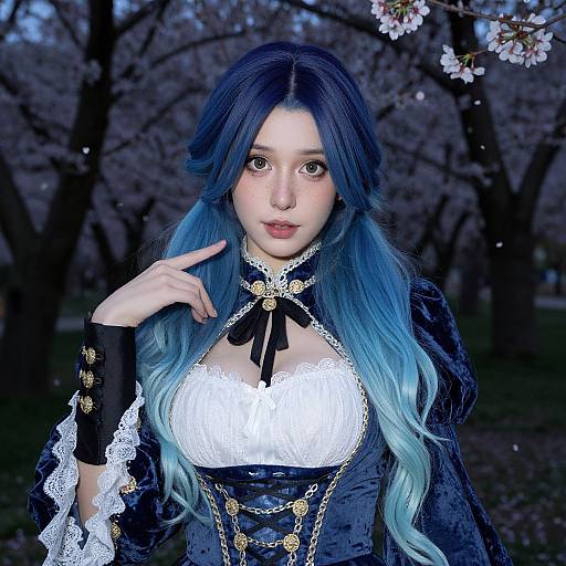 Photograph of an East Asian woman with long blue hair, wearing a black and white Victorian-style dress with lace, gold chains, and a black ribbon