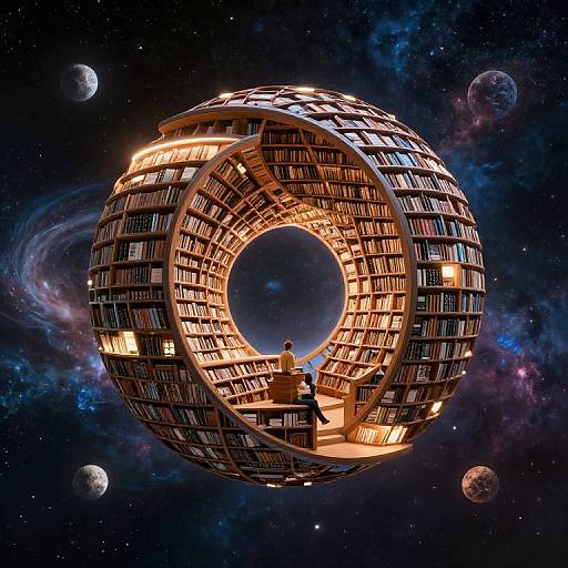 Photorealistic digital artwork of a person sitting on a circular bookshelf orbiting space, surrounded by planets and nebulae, glowing warmly against the