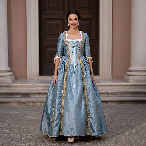 Photograph of a woman in a blue, Renaissance-style, floor-length dress with gold trim, standing in front of a dark wooden door.