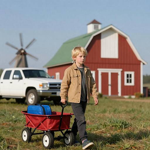 Young Boy Pulling Wagon at Farmhouse