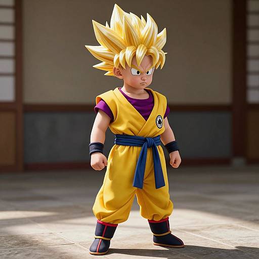 3D CGI image of a child-like Sonic-style anime character with spiky blonde hair, yellow gi, blue belt, and purple shirt, standing in