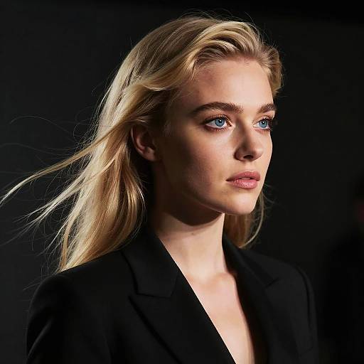 Blonde Woman in Black Suit with Blue Eyes