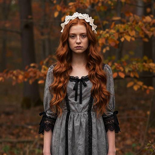Photograph of a young red-haired girl with long wavy hair, wearing a gray lace dress with black trim and a white floral headband, standing