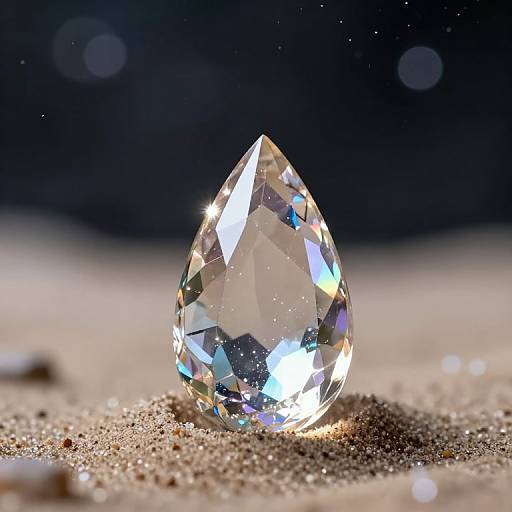 Photograph of a radiant, teardrop-shaped, clear diamond with intricate light reflections, resting on a textured, sparkling sand surface.