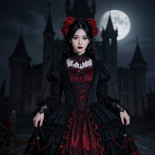 Gothic-style photograph of an Asian woman in a black and red lace dress with red roses, standing in front of a moonlit, Gothic castle