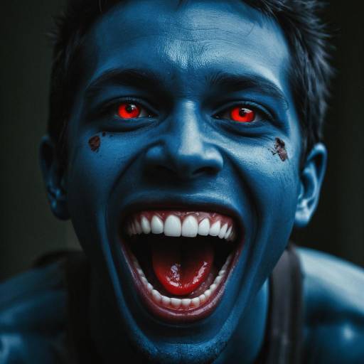Man with Blue Face Paint and Red Eyes Shouting