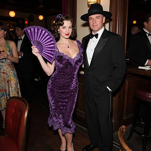 Photograph of a vintage-themed event: a dark-haired woman in a purple velvet dress and fan stands beside a man in a black tuxedo and