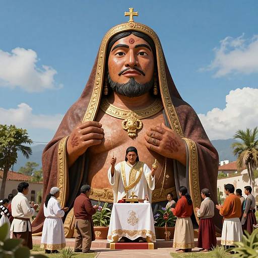 Religious Ceremony Worshipping Giant Statue