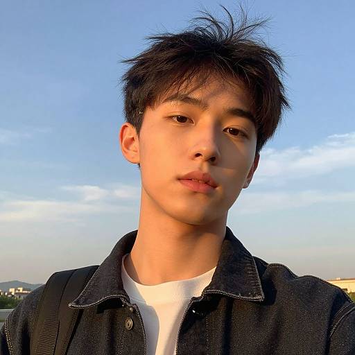 Young Asian man with spiky black hair, wearing a black denim jacket over a white shirt, against a blue sky with distant mountains. Photograph.