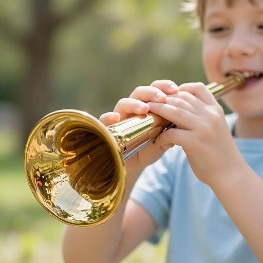Photograph of a young boy with light brown hair playing a shiny golden brass trumpet outdoors, wearing a light blue shirt.