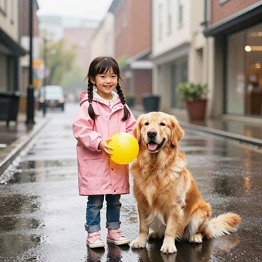 Photograph of a smiling young Asian girl with braided hair, pink coat, blue jeans, holding a yellow balloon, standing beside a golden retriever