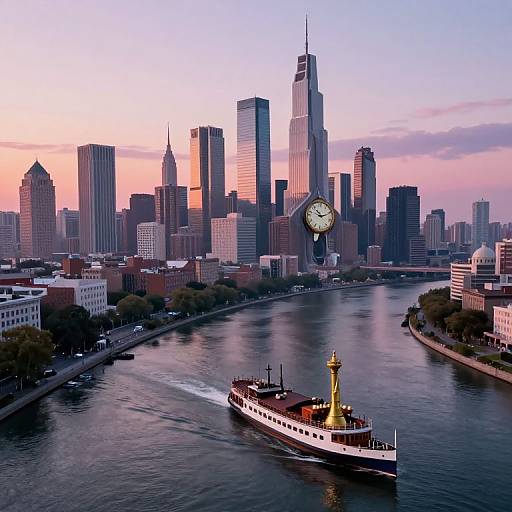 Photograph of a sunset skyline over Chicago's river with a historic paddleboat in the foreground, clock tower centered, skyscrapers reflected in the water