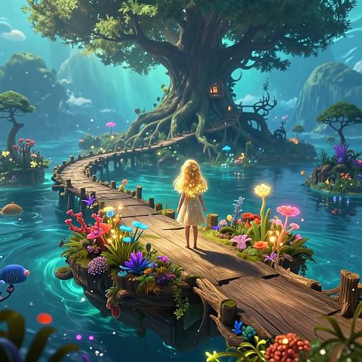 Digital fantasy artwork: A blonde girl with curly hair stands on a wooden bridge, surrounded by vibrant flowers, leading to a giant tree house in a magical
