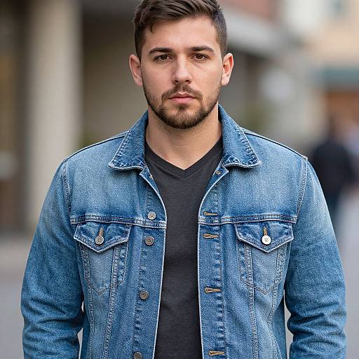 Photograph of a young, bearded man with short dark hair, wearing a blue denim jacket over a black V-neck shirt, standing in a blurred