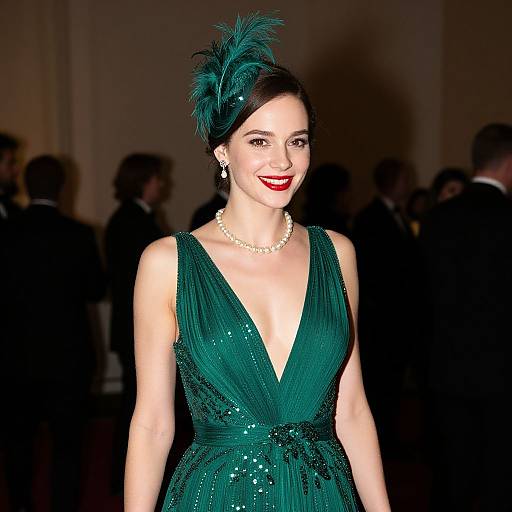 Photograph of a smiling woman with fair skin, red lipstick, and black hair in an updo, wearing a deep green, sequined, V