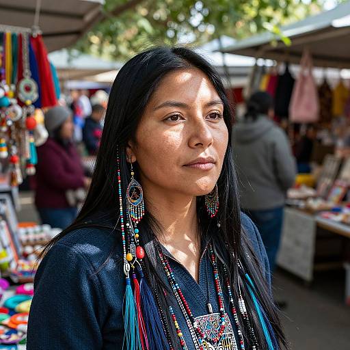Photograph of a Latina woman with long black hair, wearing colorful, intricate earrings and necklace, standing at a vibrant outdoor market. Sunlight filters through