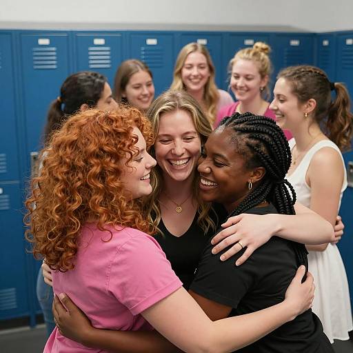 Group of Women Hugging in Locker Room