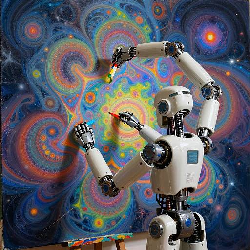 Photograph of a white robotic figure with black joints painting on a vivid, swirling, multicolored cosmic background, blending space and abstract art styles.