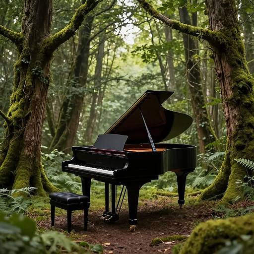 Photograph of a black grand piano with an open lid, surrounded by moss-covered trees in a lush, green forest.
