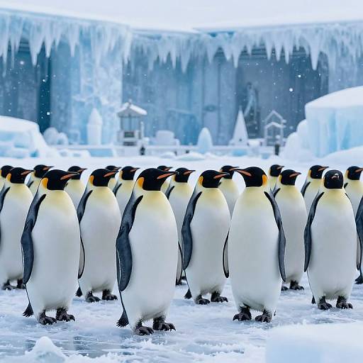 Photograph of a group of Emperor penguins standing in a snowy, icy landscape with jagged ice formations and icicles in the background.