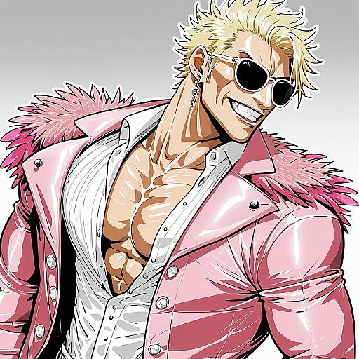 Illustration of Donquixote doflamingo, one piece in the style of Umino mokuzu (shizumisou)
