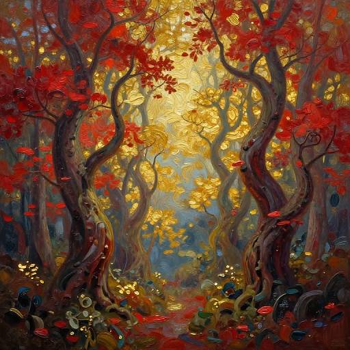 Vibrant, impressionistic painting of a forest with twisted, dark brown trees adorned with glowing red and golden leaves, illuminated by a bright, sun