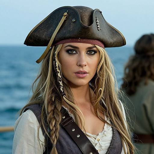Photograph of a blonde woman with long braids, wearing a pirate hat and vest, standing by the ocean, with a blurred background.