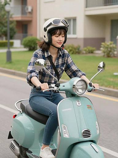 Smiling Woman Cruising Teal Vintage Scooter