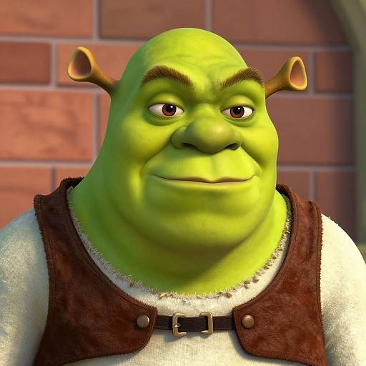 CGI image of a green-skinned, bald, humanoid ogre with two small horns, wearing a brown vest over a white shirt, standing against