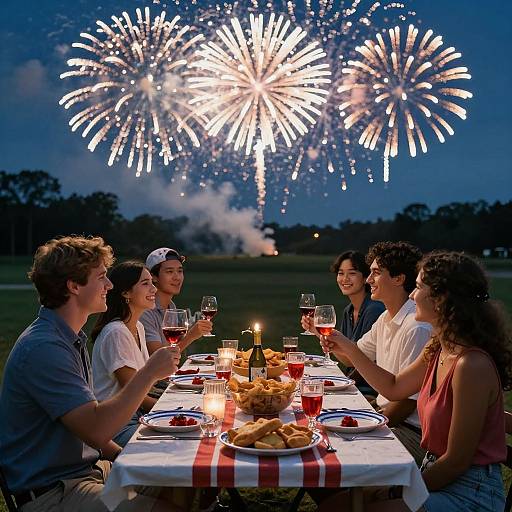 Photograph of six smiling friends toasting with wine glasses under a vibrant fireworks display, seated at a picnic table with a basket of bread and candles.