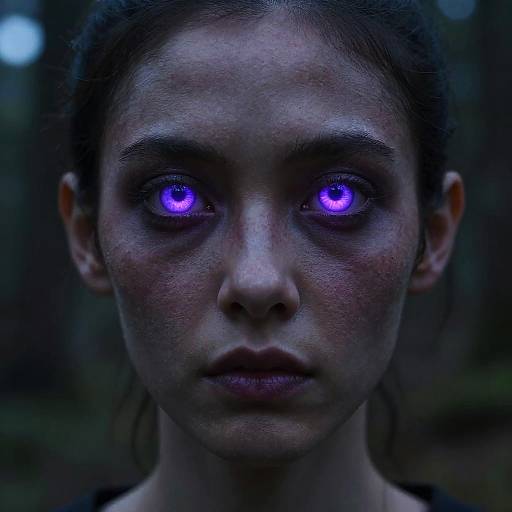 Close-up photograph of a young woman with dark hair, glowing purple eyes, and a serious expression in a dimly lit forest.