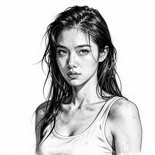 Black and White Sketch of Woman with Wet Hair