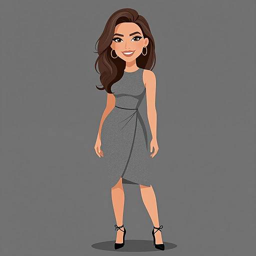 Digital illustration of a smiling woman with long brown hair, wearing a gray sleeveless dress, black high heels, and large hoop earrings, standing against a