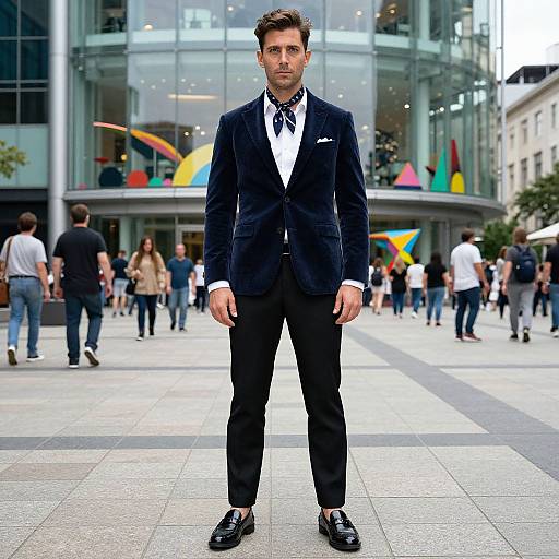 Photograph of a serious, handsome man with short brown hair in a navy blue suit, white shirt, and black tie, standing in a busy urban
