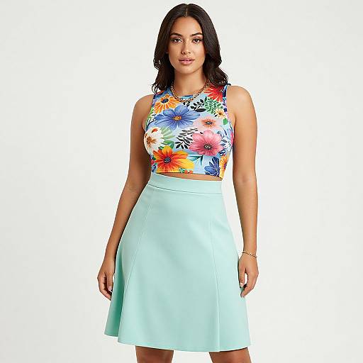 Photograph of a young woman with medium-length black hair, wearing a colorful floral crop top and light blue high-waisted skirt, standing against a