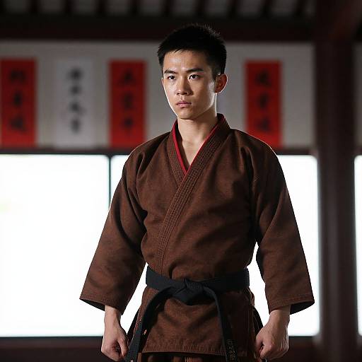 Photograph of a serious young Asian man in a brown judo gi with black belt, standing in a traditional dojo with red and white banners in the