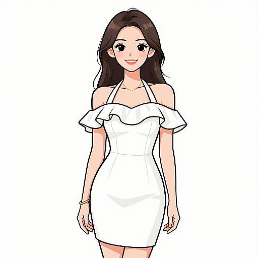 Digital anime-style drawing of a smiling woman with long brown hair, wearing a white off-shoulder, ruffle-trimmed dress, standing against