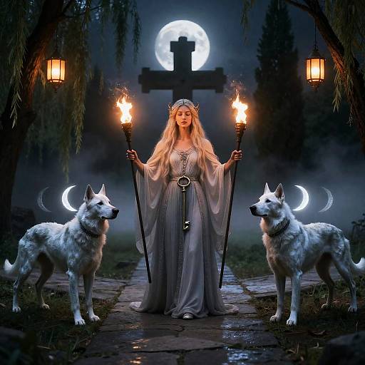 Hecate at Moonlit Crossroads with Torches
