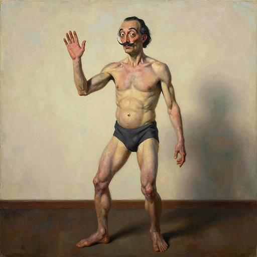 Digital painting of a thin, elderly man with exaggerated features, wearing black underwear, waving with a wide-eyed, nervous expression.
