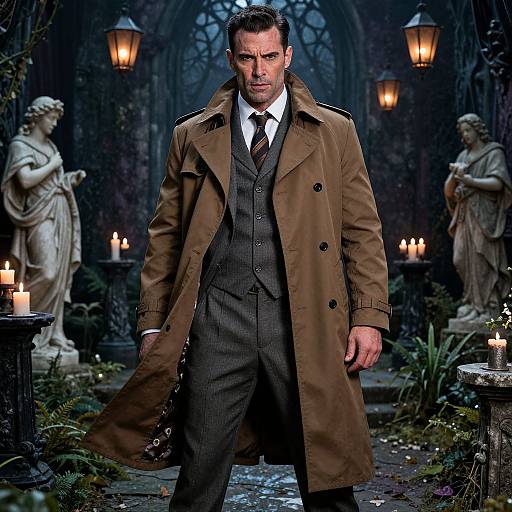 Photograph of a handsome, serious-looking man in a brown trench coat and gray suit, standing in a dimly lit, candlelit Gothic garden with