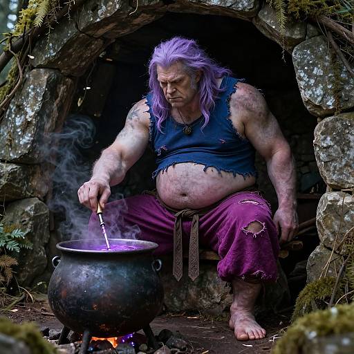 Photograph of a muscular, purple-haired, bearded man with tattered clothes, stirring a black cauldron in a mossy stone cave.