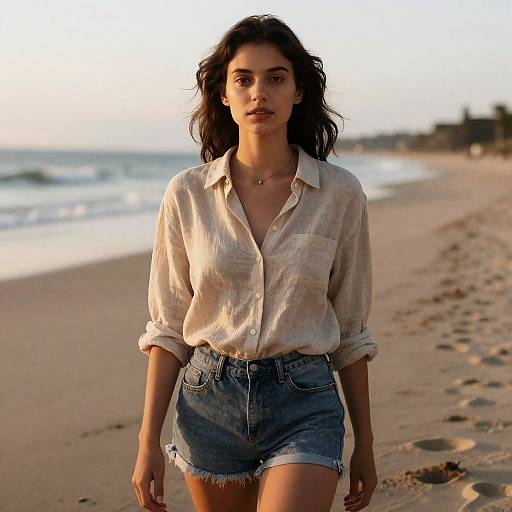 Photograph of a young woman with wavy dark hair, wearing a white button-up shirt and denim shorts, standing on a sandy beach at sunset.