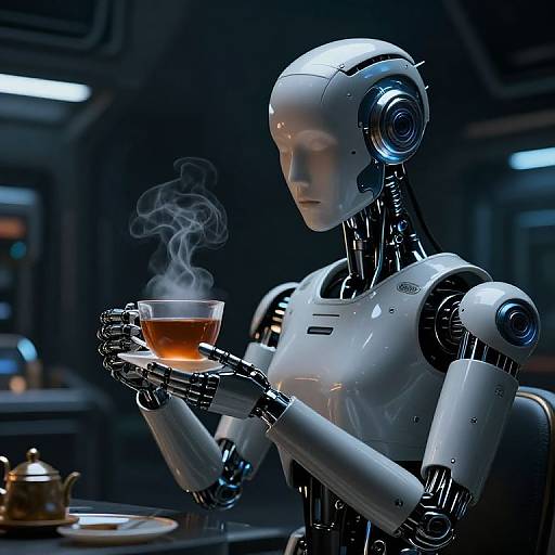 Photorealistic CGI of a sleek, white humanoid robot with blue accents, holding a steaming teacup, in a dimly lit, futuristic
