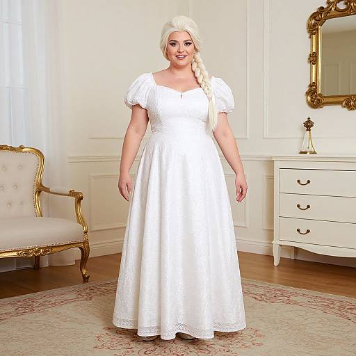 Photograph of a blonde woman with fair skin, wearing a white, lace-trimmed, short-sleeved dress, standing in an elegant,