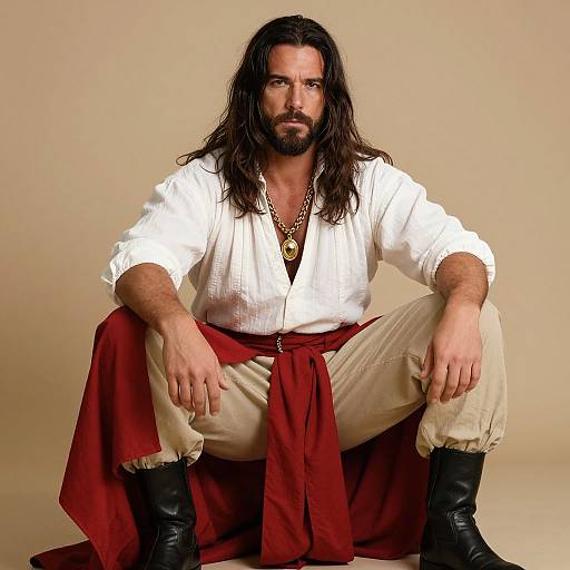 Photograph of a muscular man with long dark hair, white shirt, beige pants, red sash, black boots, and gold necklace, squatting